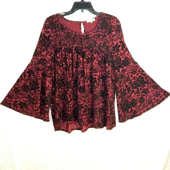 Mystree Top Size Medium Velvet Burnout Bell Sleeve Whimsy Goth Maroon Red Black - Picture 1 of 11